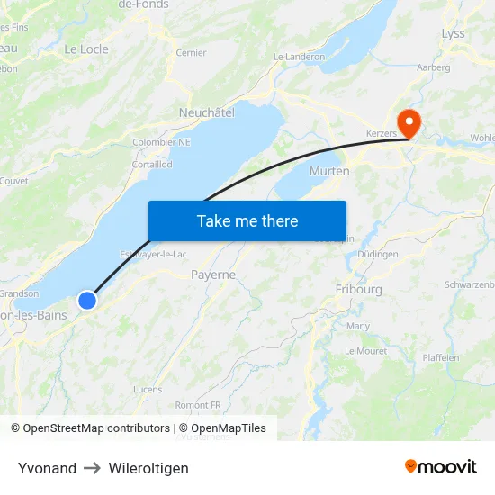 Yvonand to Wileroltigen map