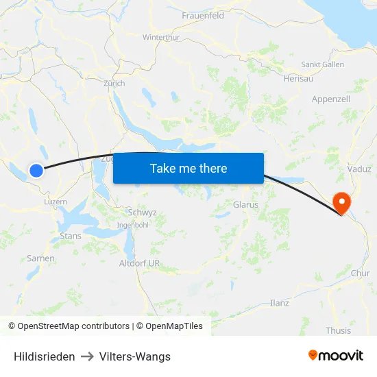 Hildisrieden to Vilters-Wangs map