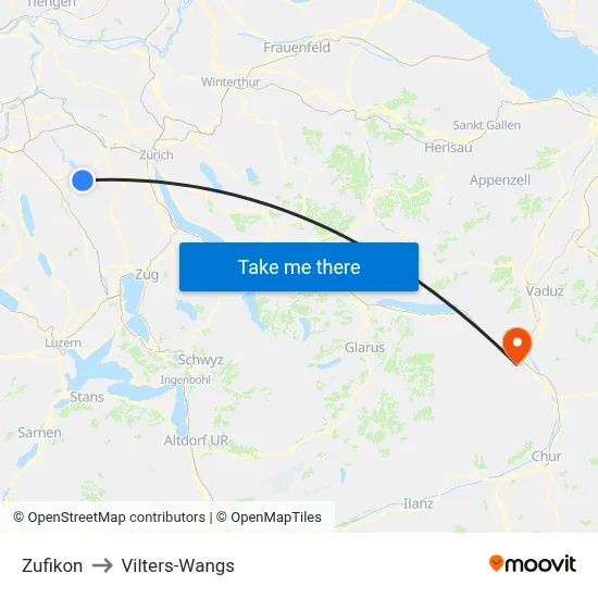 Zufikon to Vilters-Wangs map