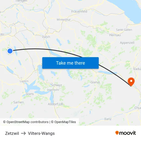 Zetzwil to Vilters-Wangs map