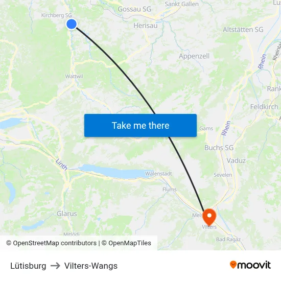 Lütisburg to Vilters-Wangs map