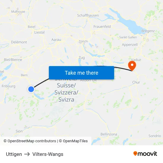 Uttigen to Vilters-Wangs map
