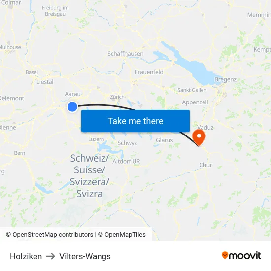 Holziken to Vilters-Wangs map