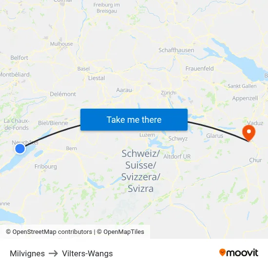 Milvignes to Vilters-Wangs map