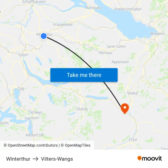 Winterthur to Vilters-Wangs map