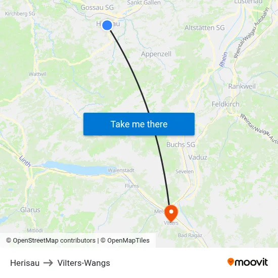 Herisau to Vilters-Wangs map