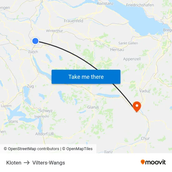 Kloten to Vilters-Wangs map