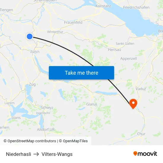 Niederhasli to Vilters-Wangs map