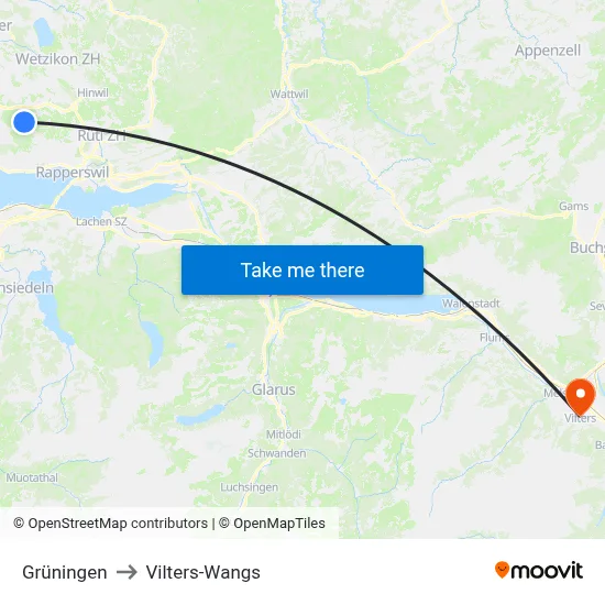 Grüningen to Vilters-Wangs map
