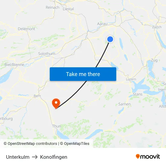 Unterkulm to Konolfingen map