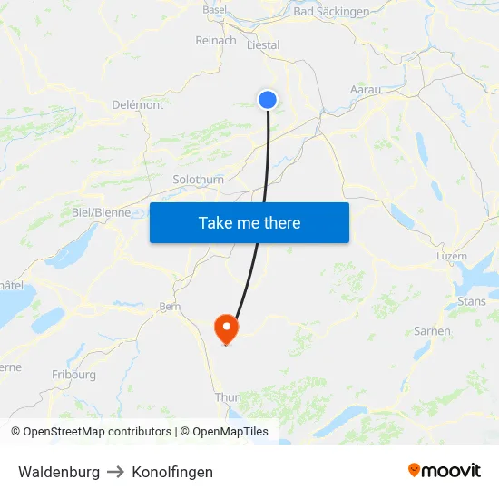Waldenburg to Konolfingen map