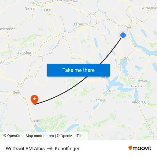 Wettswil AM Albis to Konolfingen map