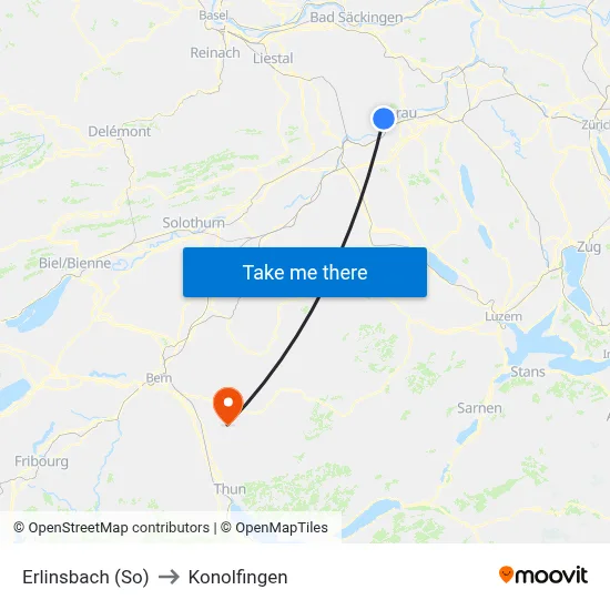 Erlinsbach (So) to Konolfingen map