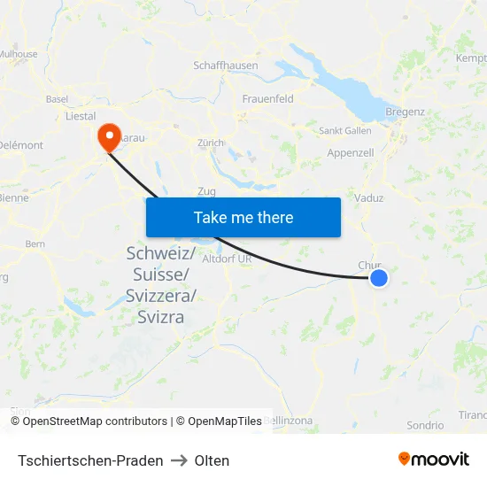 Tschiertschen-Praden to Olten map