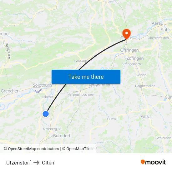 Utzenstorf to Olten map