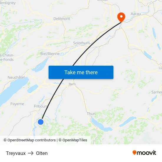Treyvaux to Olten map