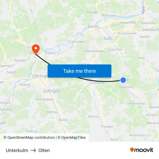 Unterkulm to Olten map