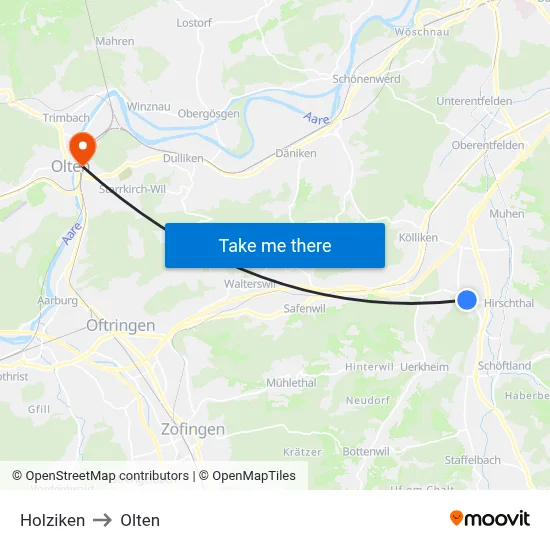 Holziken to Olten map
