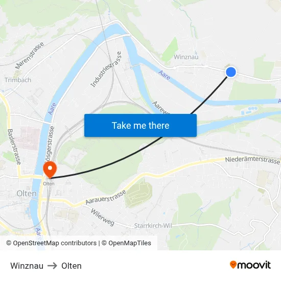 Winznau to Olten map