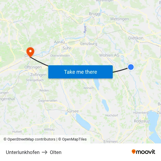 Unterlunkhofen to Olten map