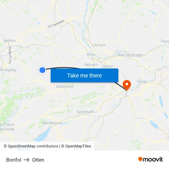 Bonfol to Olten map