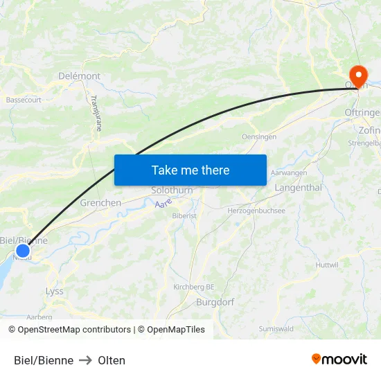 Biel/Bienne to Olten map