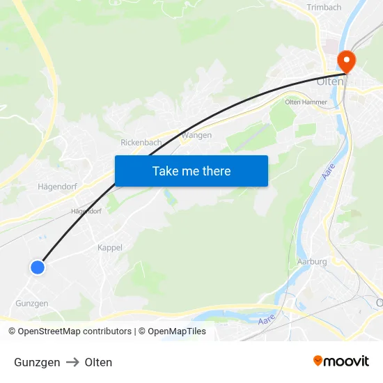 Gunzgen to Olten map