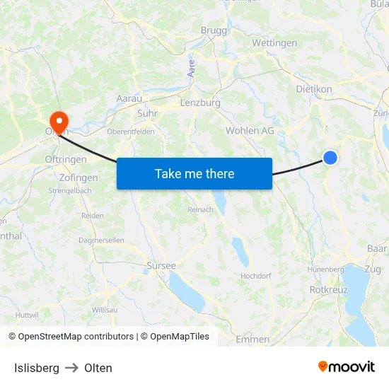 Islisberg to Olten map