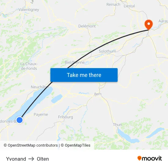 Yvonand to Olten map