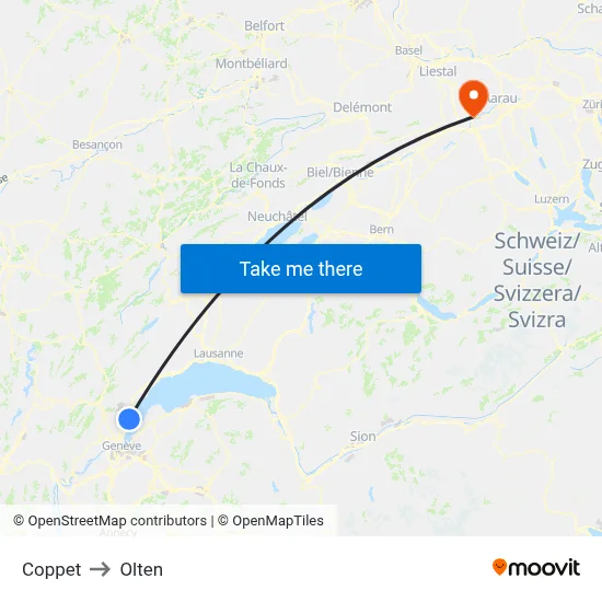 Coppet to Olten map