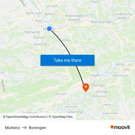 Muttenz to Boningen map