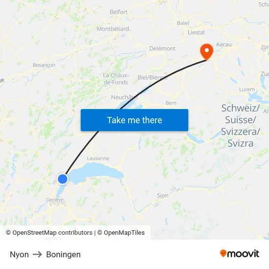Nyon to Boningen map
