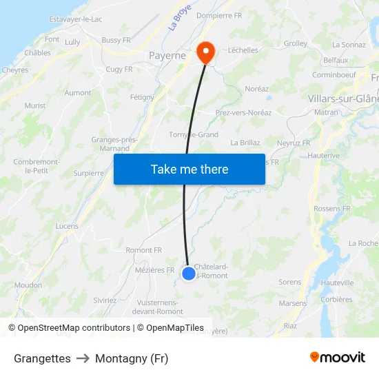 Grangettes to Montagny (Fr) map