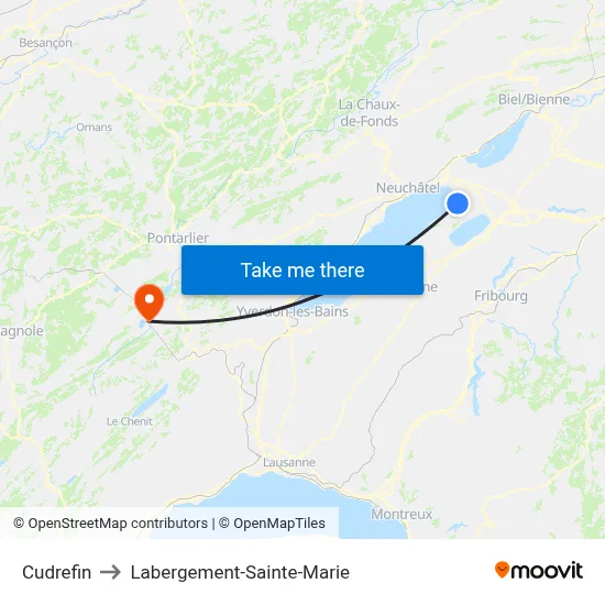 Cudrefin to Labergement-Sainte-Marie map