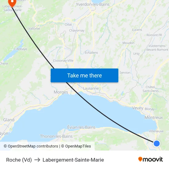 Roche (Vd) to Labergement-Sainte-Marie map
