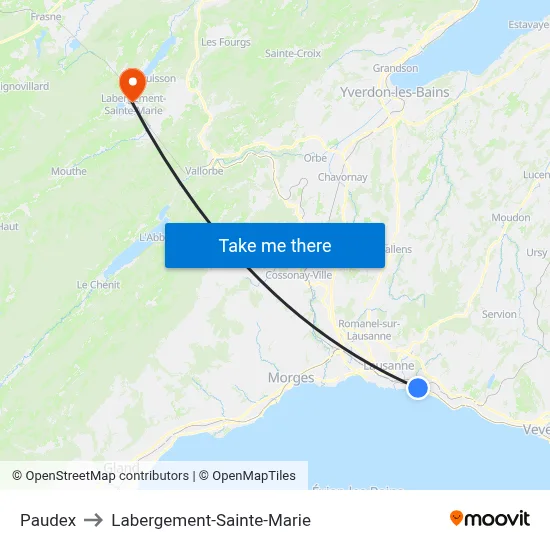 Paudex to Labergement-Sainte-Marie map