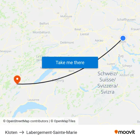 Kloten to Labergement-Sainte-Marie map