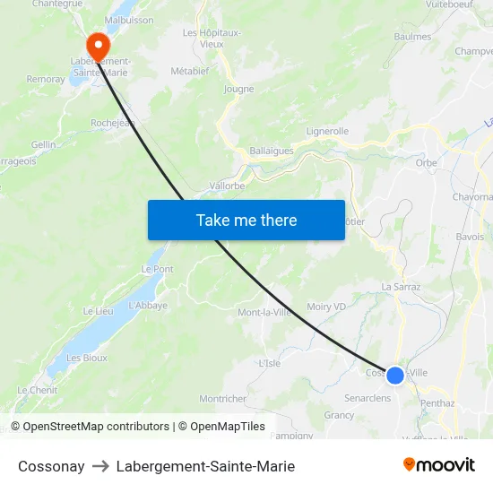 Cossonay to Labergement-Sainte-Marie map