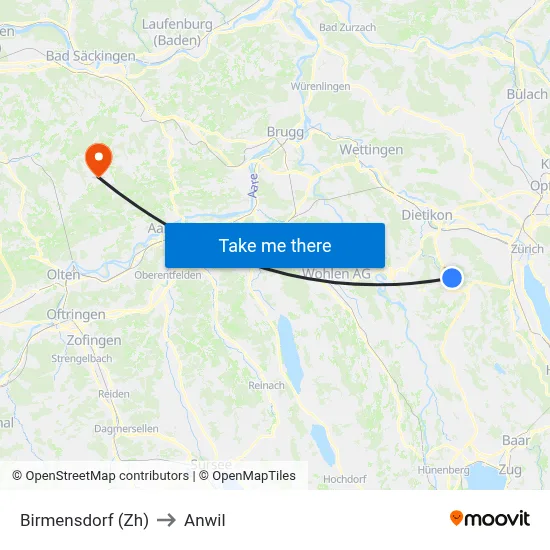 Birmensdorf (Zh) to Anwil map
