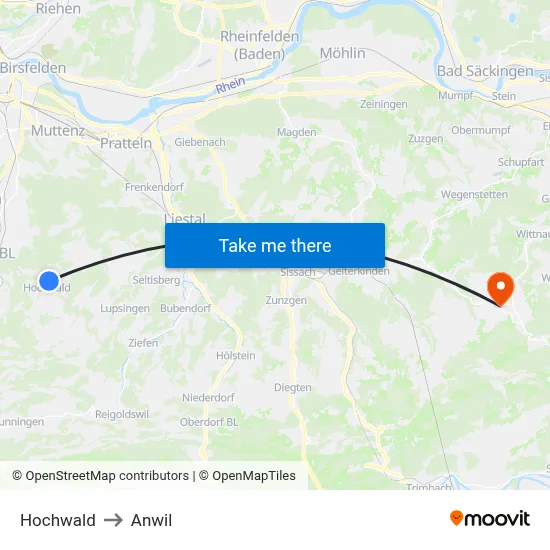 Hochwald to Anwil map
