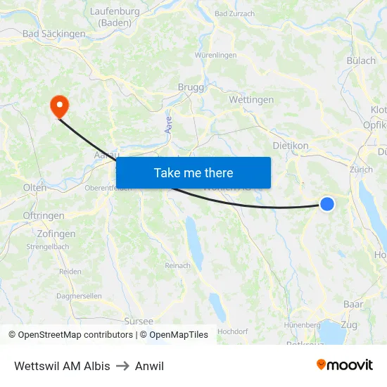 Wettswil AM Albis to Anwil map