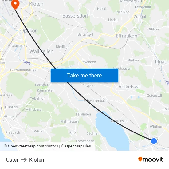 Uster to Kloten map