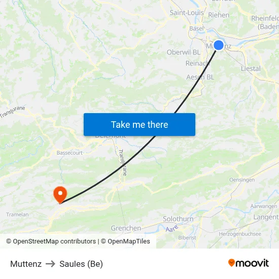 Muttenz to Saules (Be) map