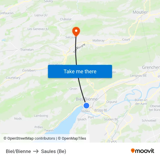Biel/Bienne to Saules (Be) map