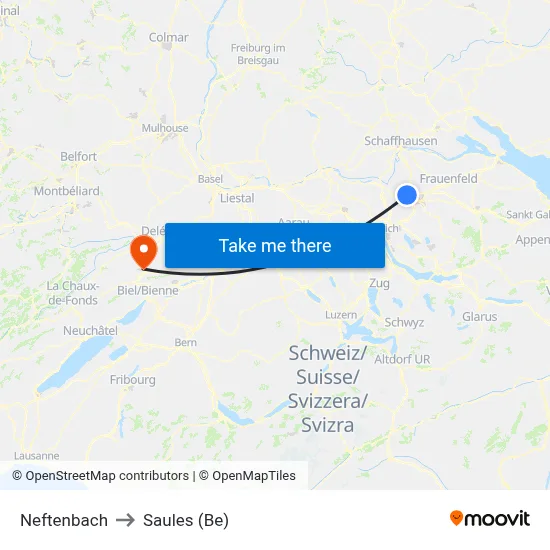 Neftenbach to Saules (Be) map