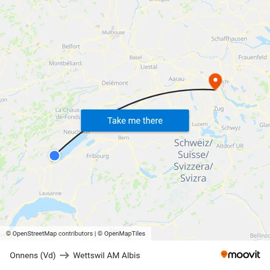 Onnens (Vd) to Wettswil AM Albis map