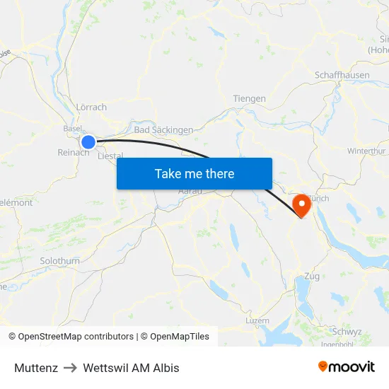 Muttenz to Wettswil AM Albis map