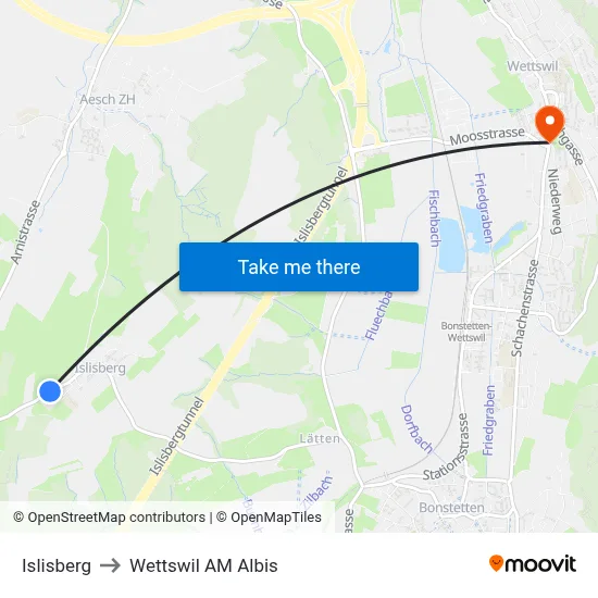 Islisberg to Wettswil AM Albis map