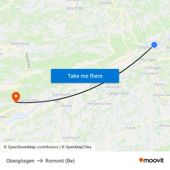 Obergösgen to Romont (Be) map