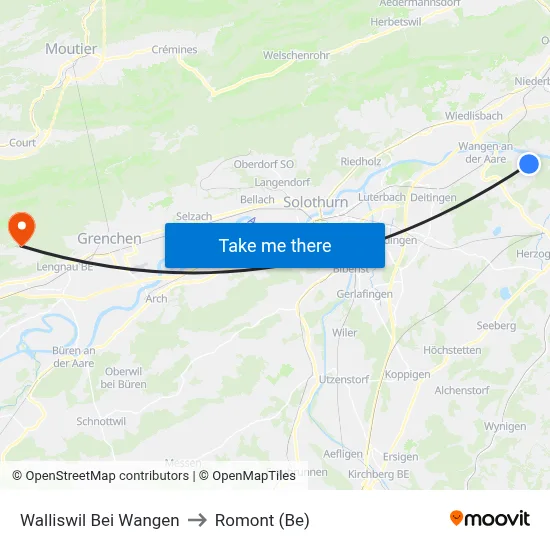 Walliswil Bei Wangen to Romont (Be) map